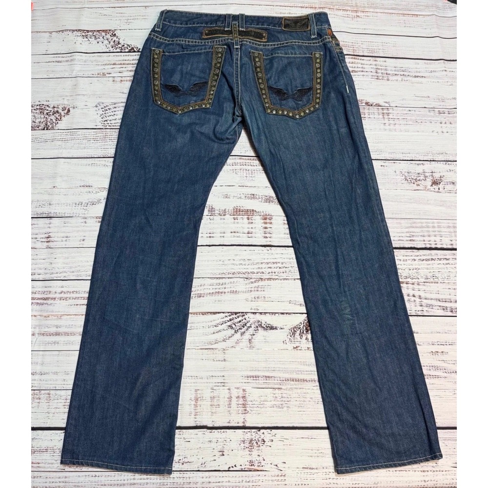 Robins Jean Straight Leg Jeans 34x32 Studded Leather Trim Wing Dark Wash Denim